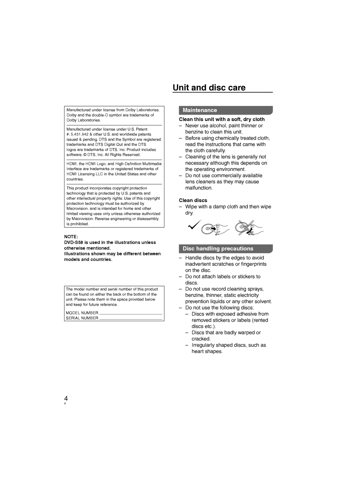 Panasonic DVD-S38 Unit and disc care, Maintenance, Disc handling precautions, Clean this unit with a soft, dry cloth 