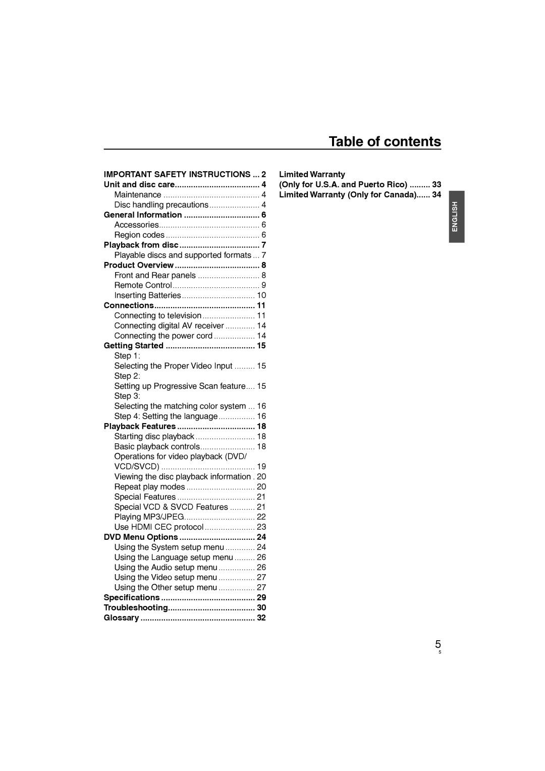 Panasonic DVD-S58, DVD-S38 manuel dutilisation Table of contents 