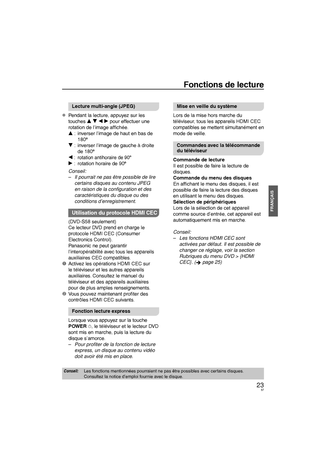 Panasonic DVD-S58, DVD-S38 Utilisation du protocole Hdmi CEC, Lecture multi-angle Jpeg, Sélection de périphériques 