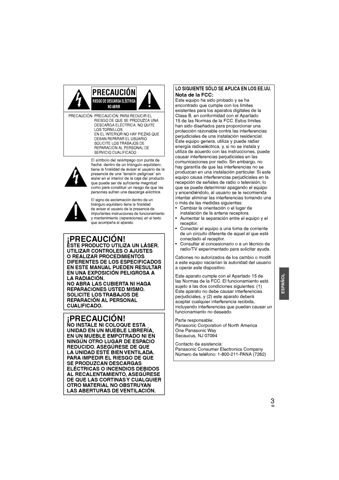 Panasonic DVD-S58, DVD-S38 manuel dutilisation Precaución, LO Siguiente Sólo SE Aplica EN LOS EE.UU. Nota de la FCC 