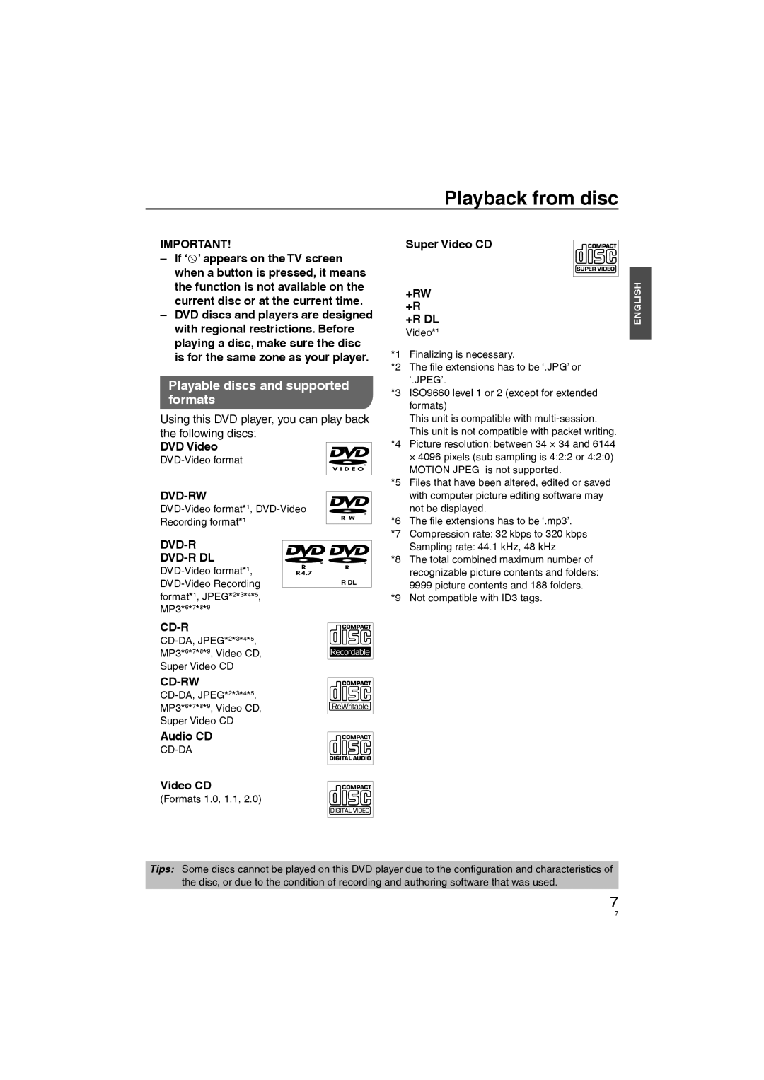 Panasonic DVD-S58, DVD-S38 manuel dutilisation Playback from disc, Playable discs and supported formats 