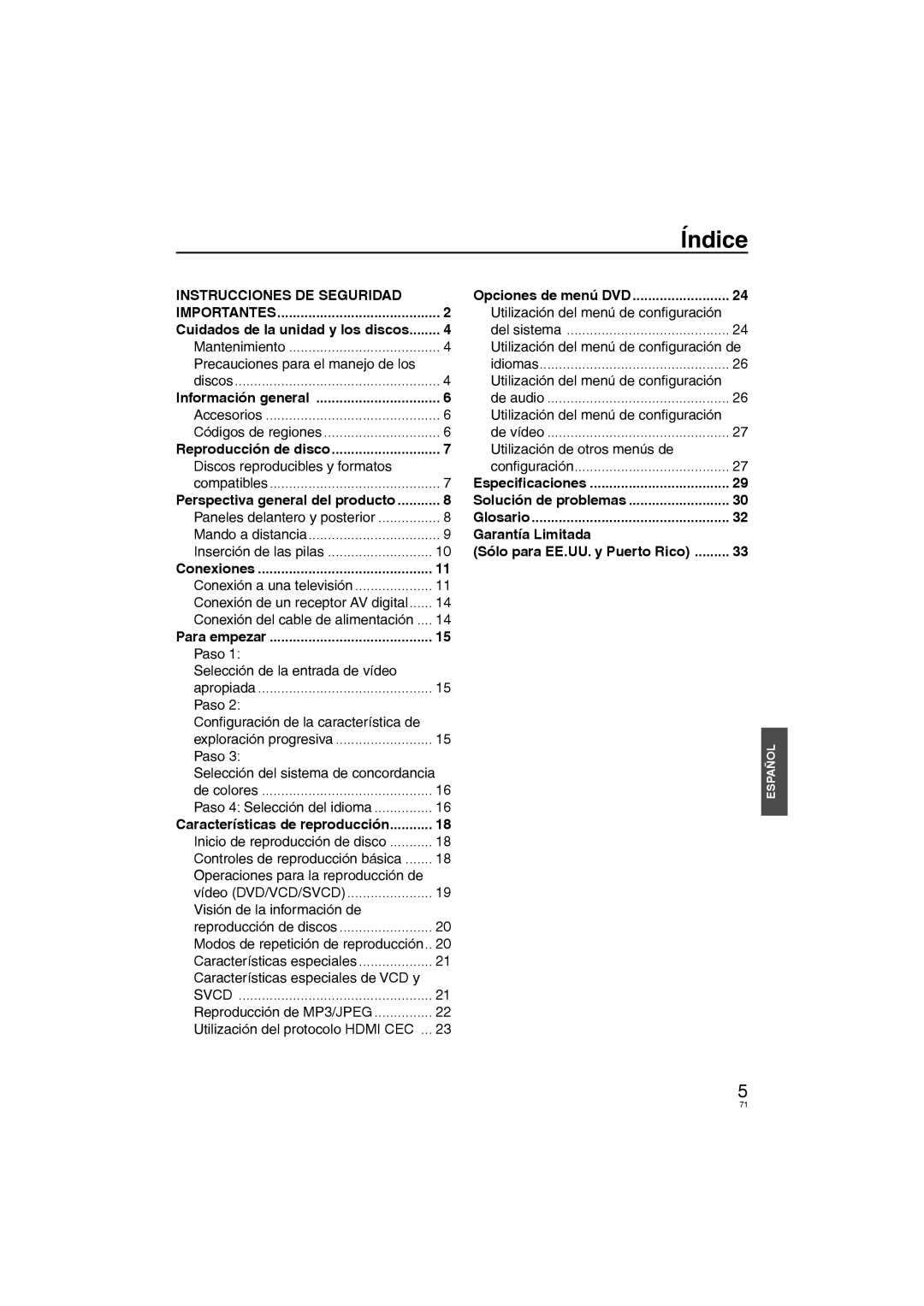 Panasonic DVD-S58, DVD-S38 manuel dutilisation Índice, Instrucciones DE Seguridad Importantes 