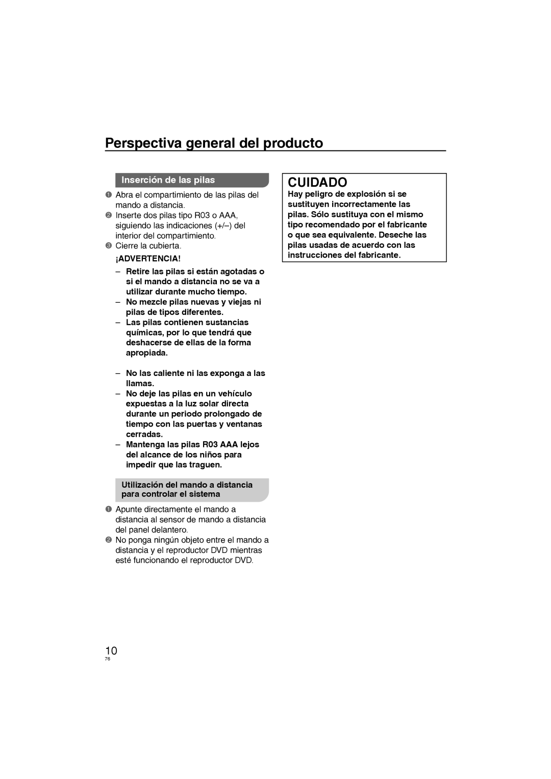 Panasonic DVD-S38, DVD-S58 Inserción de las pilas, Abra el compartimiento de las pilas del Mando a distancia, ¡Advertencia 