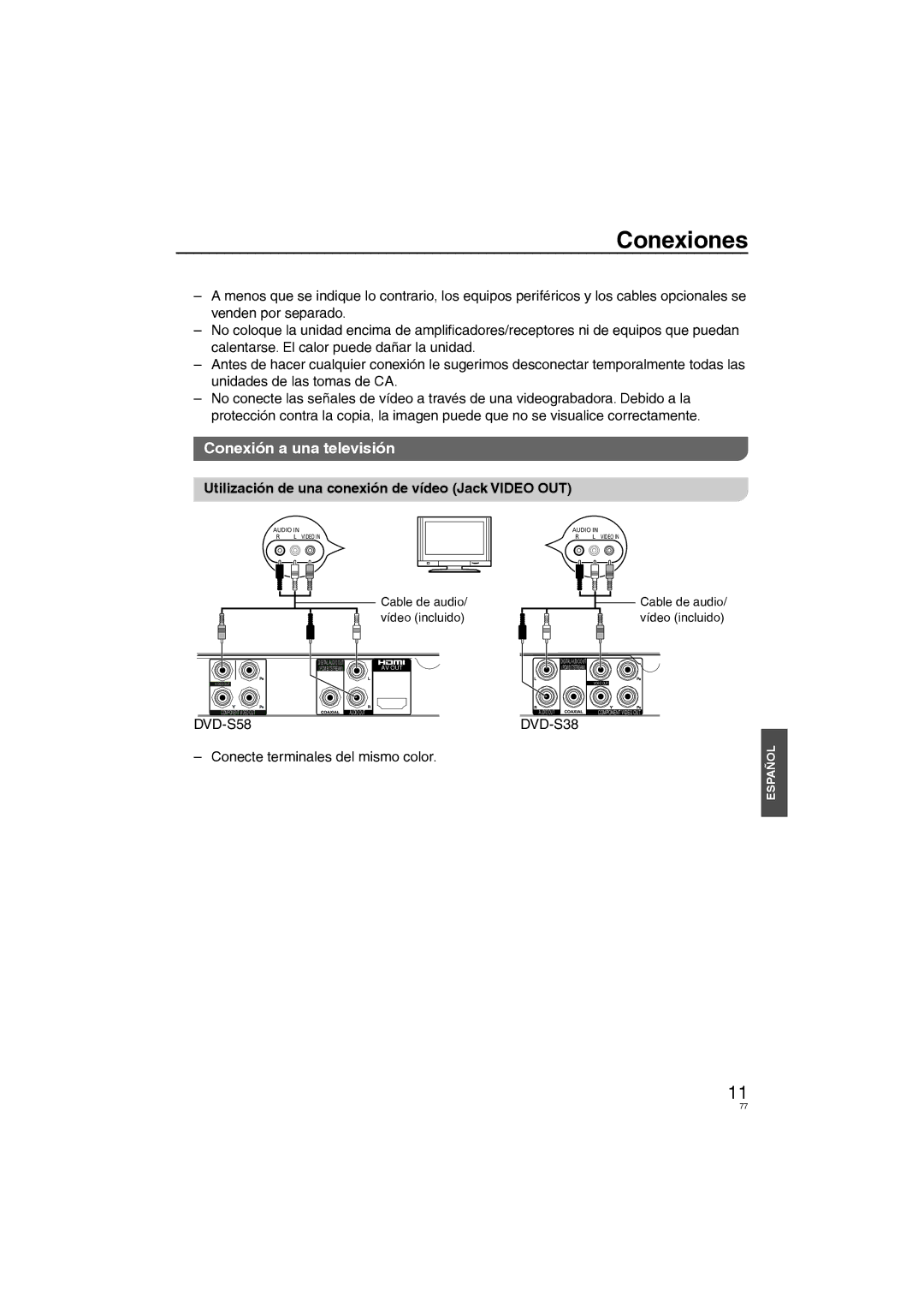 Panasonic DVD-S58, DVD-S38 manuel dutilisation Conecte terminales del mismo color, Conexiones 