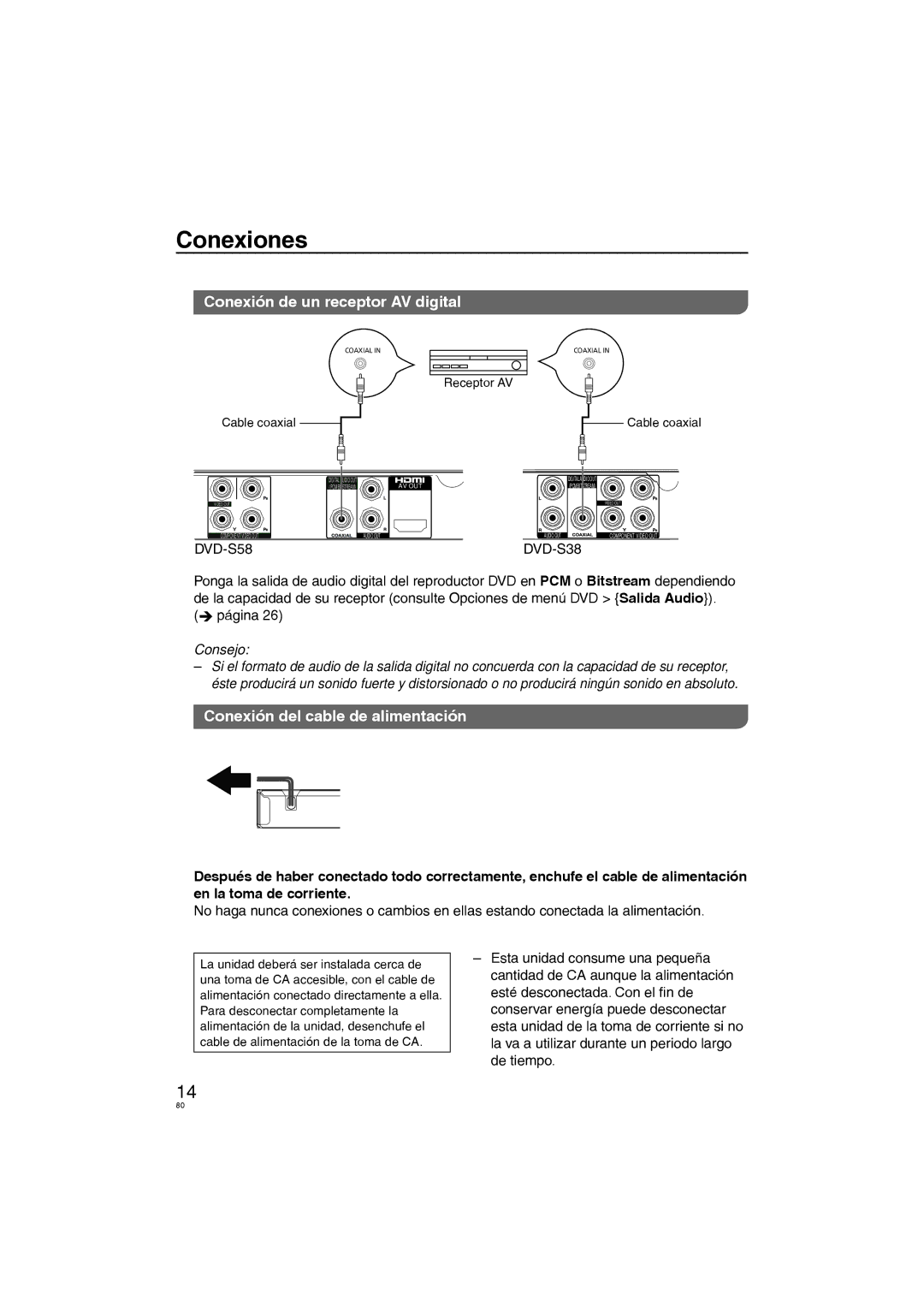 Panasonic DVD-S38, DVD-S58 Conexión de un receptor AV digital, Conexión del cable de alimentación, Página 