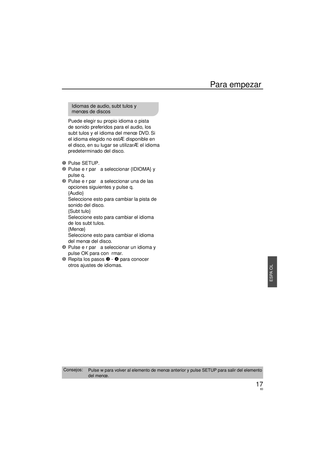 Panasonic DVD-S58, DVD-S38 manuel dutilisation Idiomas de audio, subtítulos y menús de discos, Subtítulo, Menú 