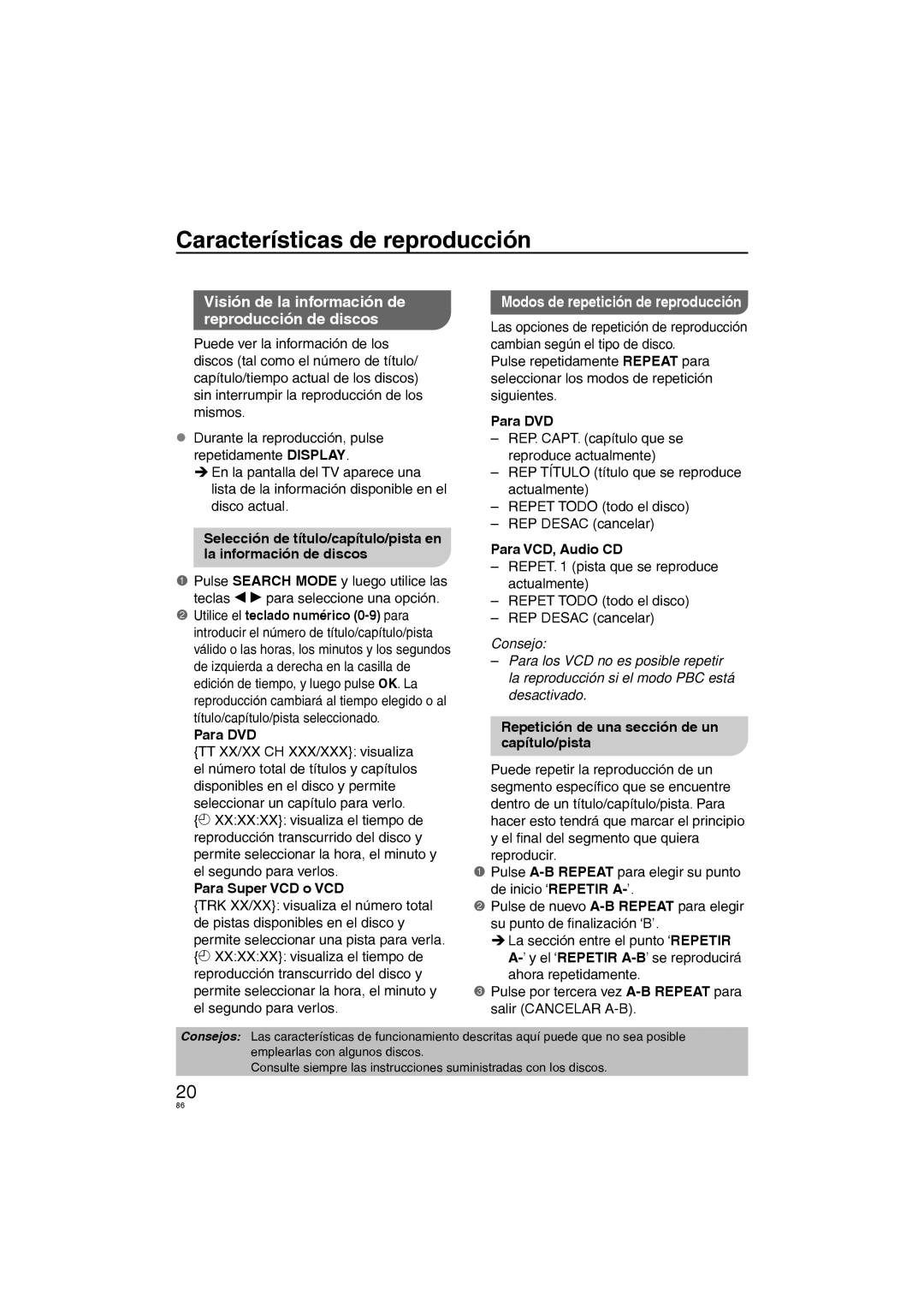 Panasonic DVD-S38, DVD-S58 Visión de la información de reproducción de discos, Modos de repetición de reproducción 