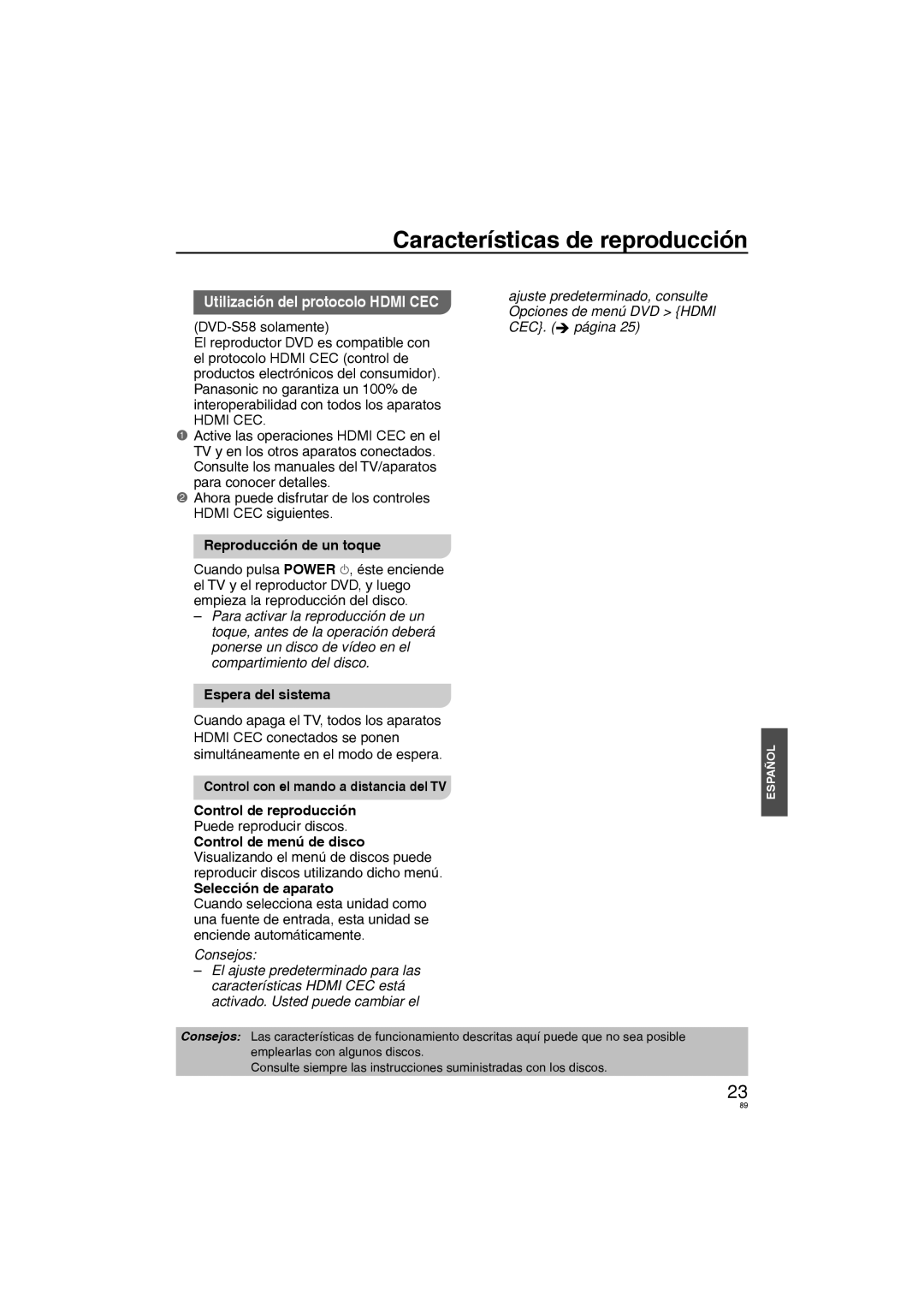 Panasonic DVD-S38 Utilización del protocolo Hdmi CEC, DVD-S58 solamente, Reproducción de un toque, Espera del sistema 