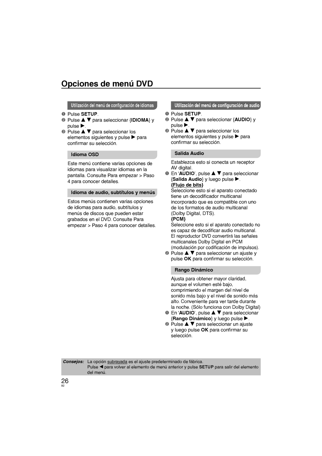 Panasonic DVD-S38, DVD-S58 Idioma OSD, Idioma de audio, subtítulos y menús, Salida Audio, Flujo de bits, Rango Dinámico 