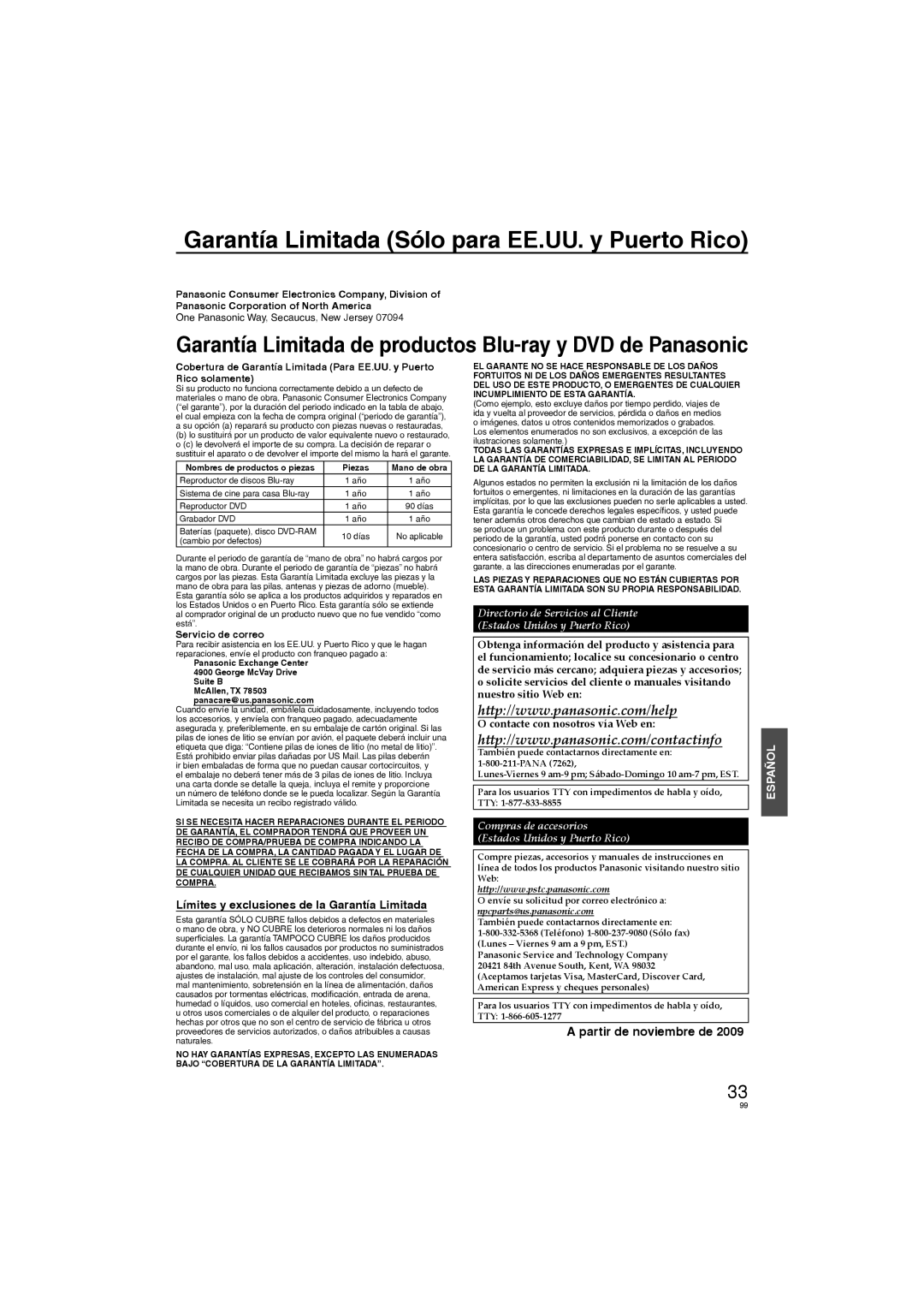 Panasonic DVD-S58, DVD-S38 manuel dutilisation Garantía Limitada Sólo para EE.UU. y Puerto Rico 