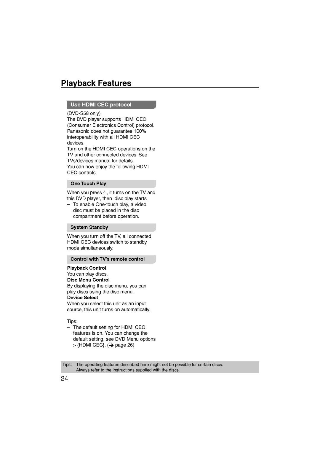 Panasonic DVD-S38, DVD-S58 manual Use Hdmi CEC protocol 