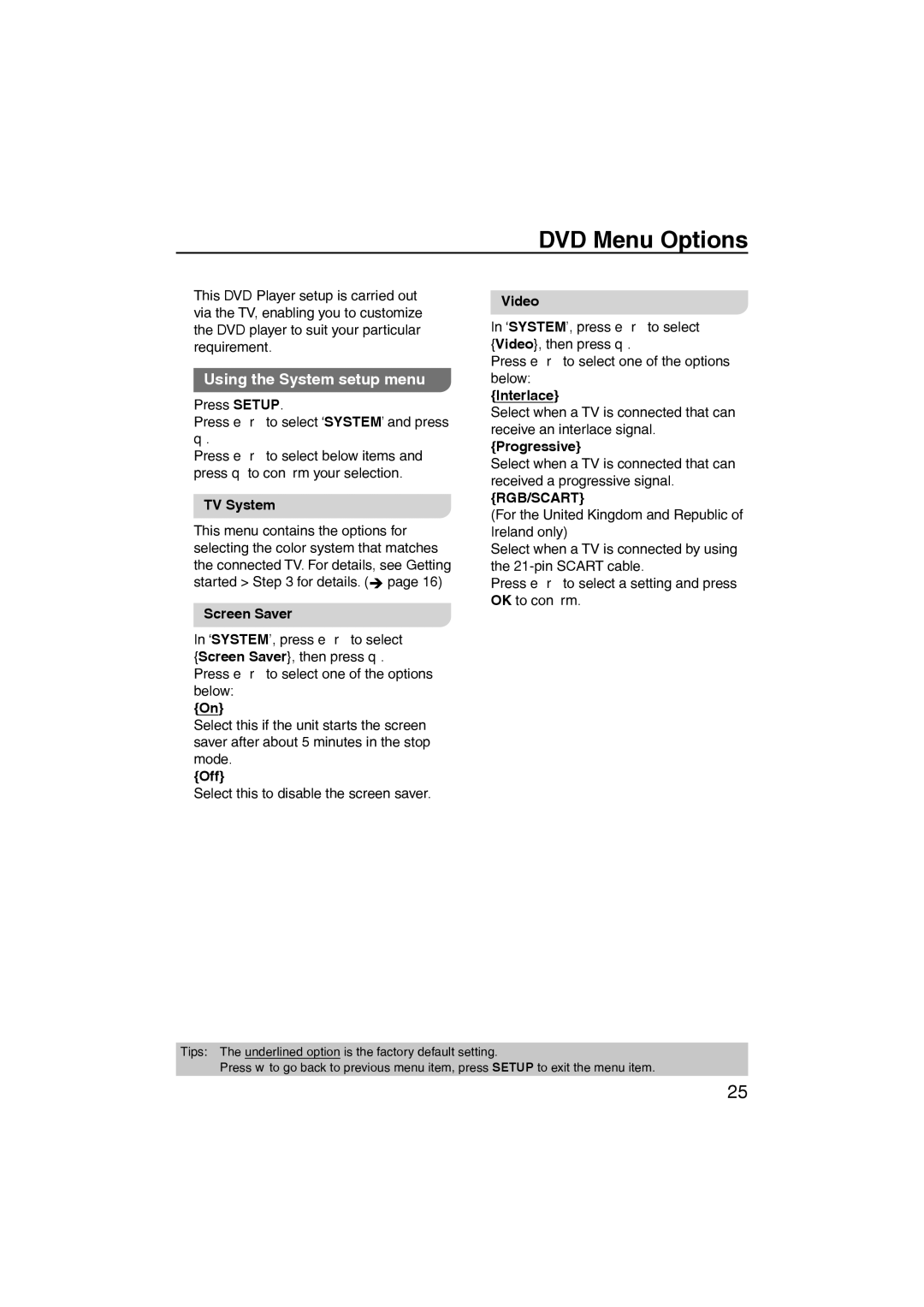 Panasonic DVD-S58, DVD-S38 manual DVD Menu Options, Using the System setup menu, Rgb/Scart 