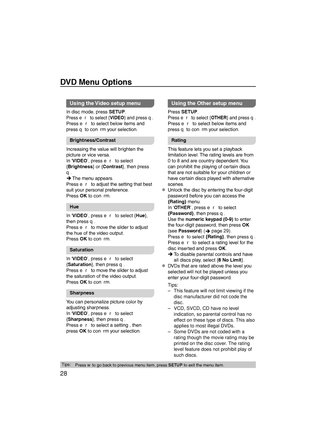 Panasonic DVD-S38, DVD-S58 manual Using the Video setup menu, Using the Other setup menu 