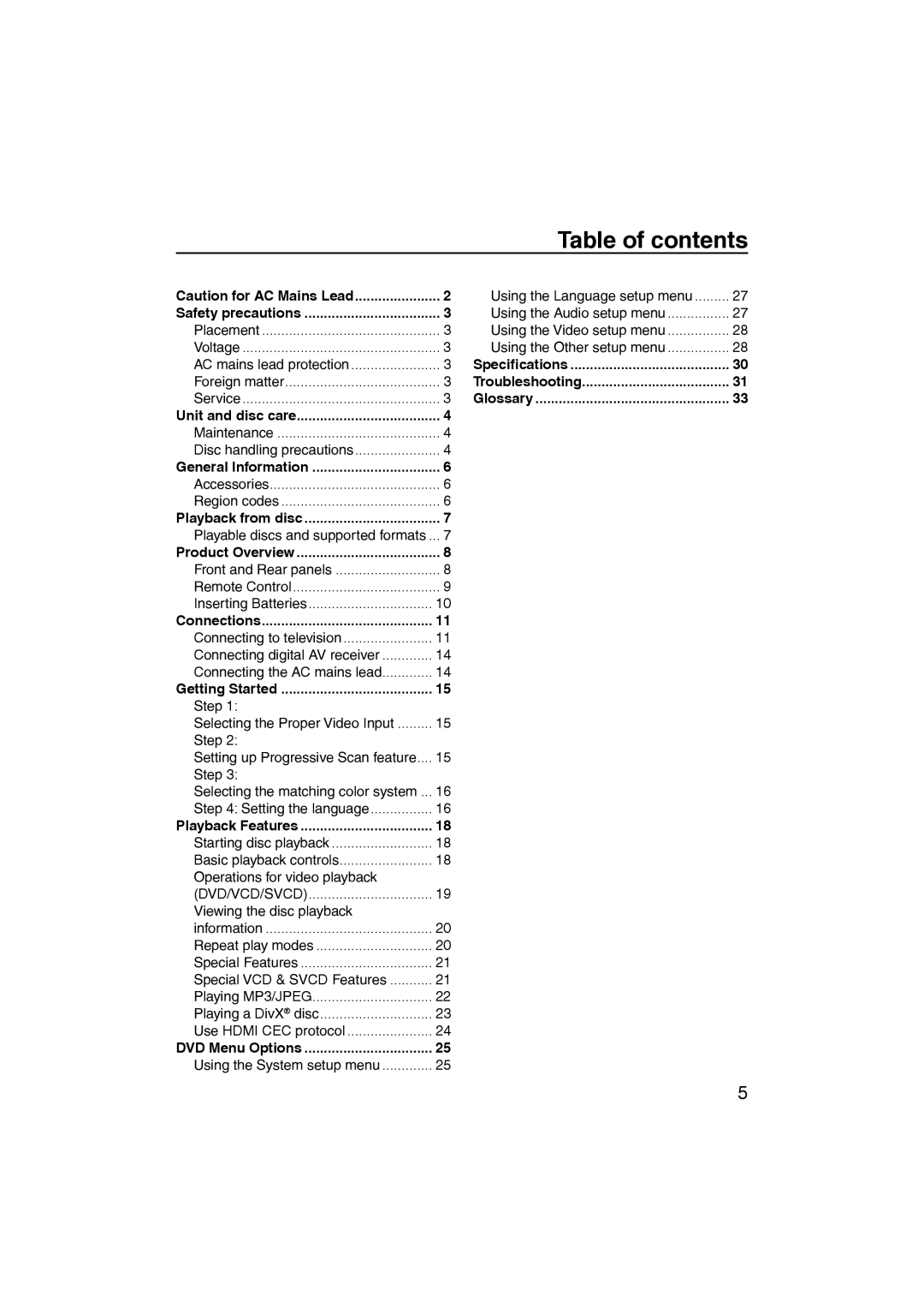 Panasonic DVD-S58, DVD-S38 manual Table of contents 