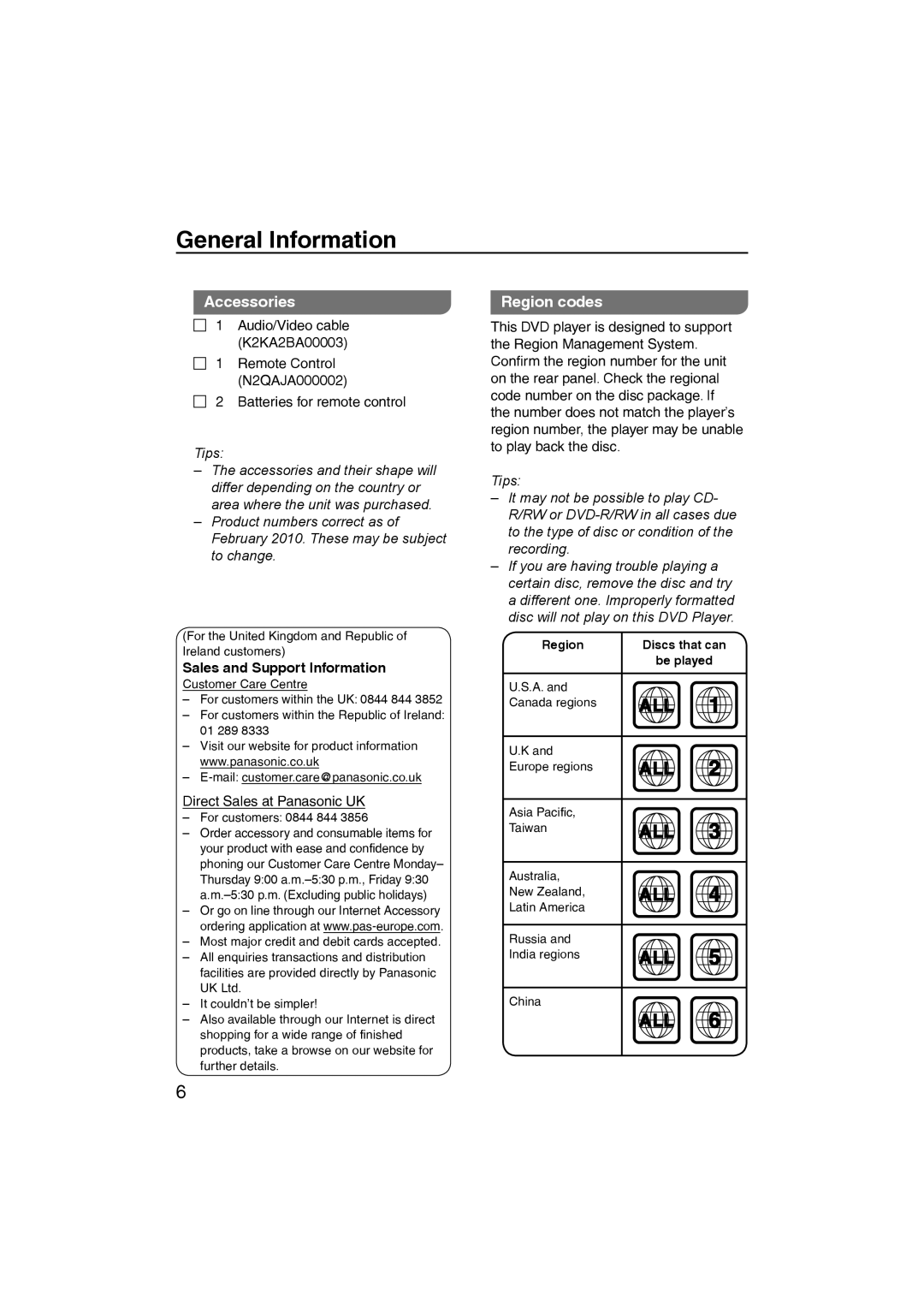 Panasonic DVD-S38, DVD-S58 manual General Information, Accessories, Region codes, Sales and Support Information 