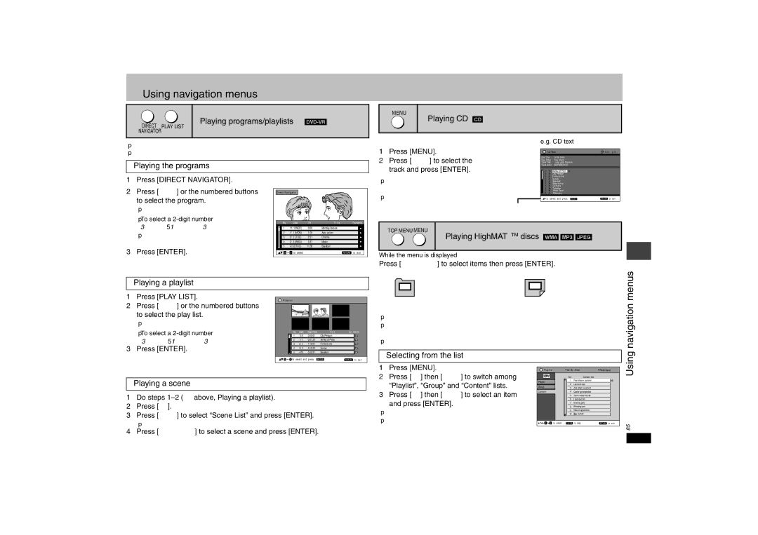 Panasonic DVD-S42 specifications Using navigation menus, Menus 