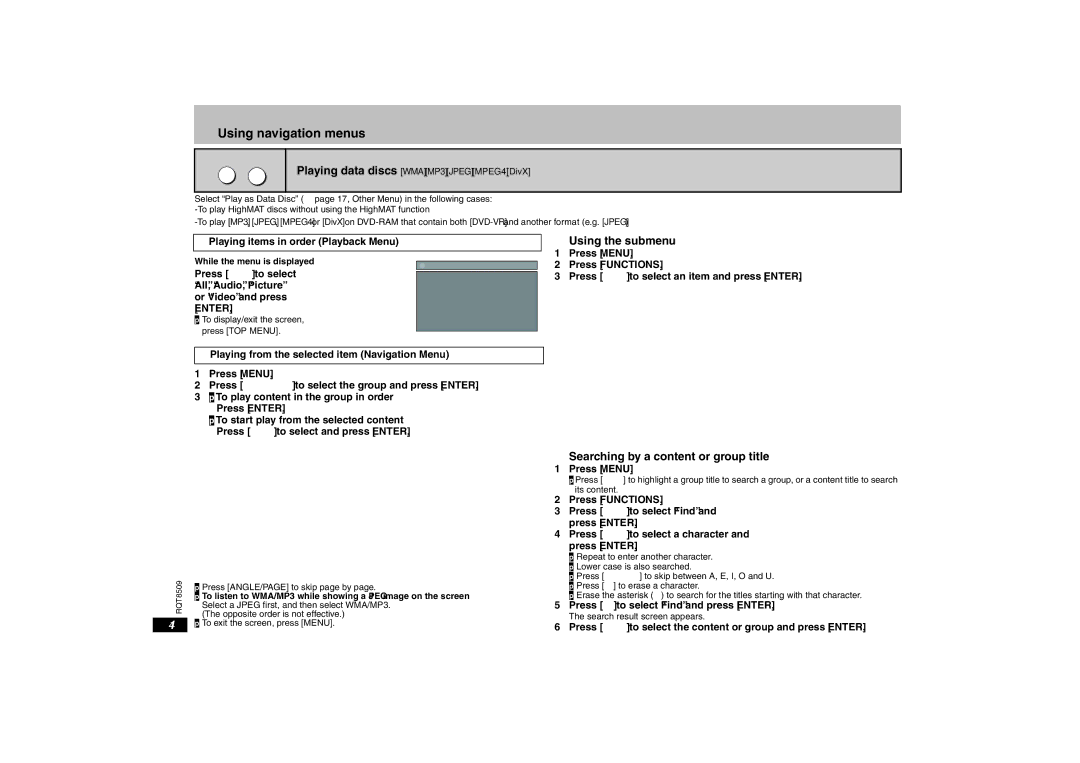 Panasonic DVD-S42 specifications Using the submenu, Using navigation, Searching by a content or group title 