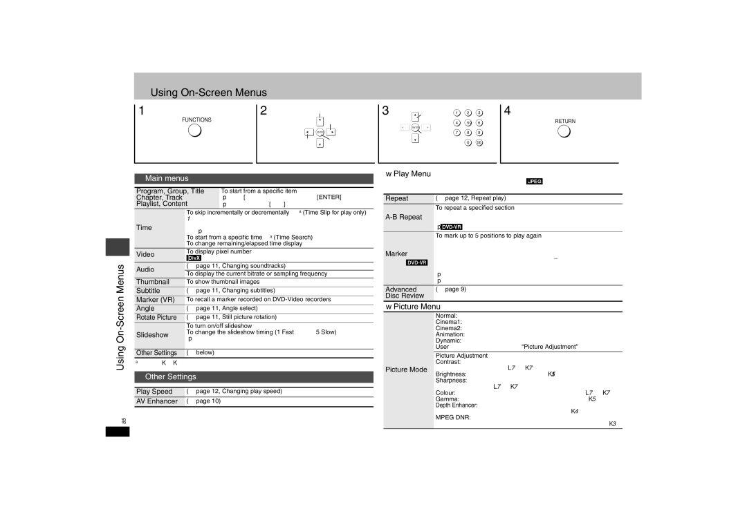 Panasonic DVD-S42 specifications Using On-Screen Menus, Main menus, Other Settings 