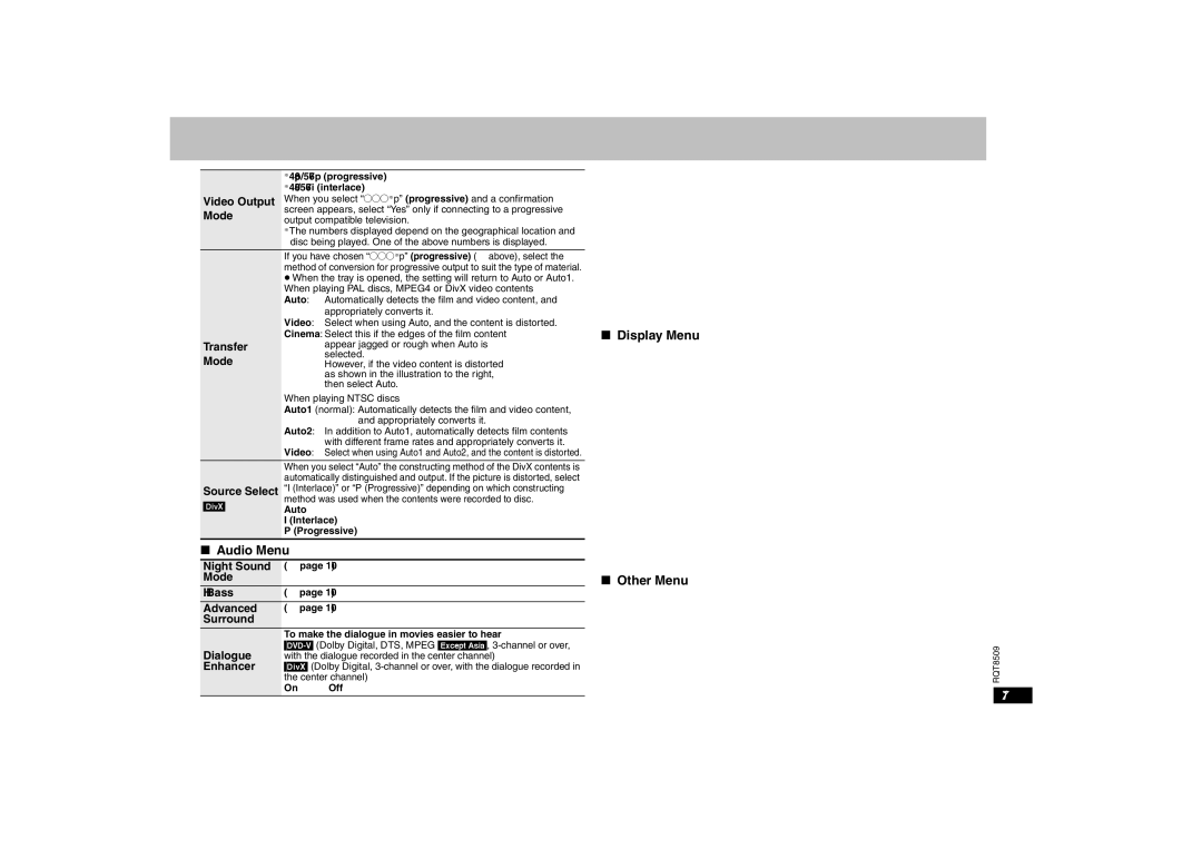 Panasonic DVD-S42 specifications Screen, Display Menu, Audio Menu, Other Menu 