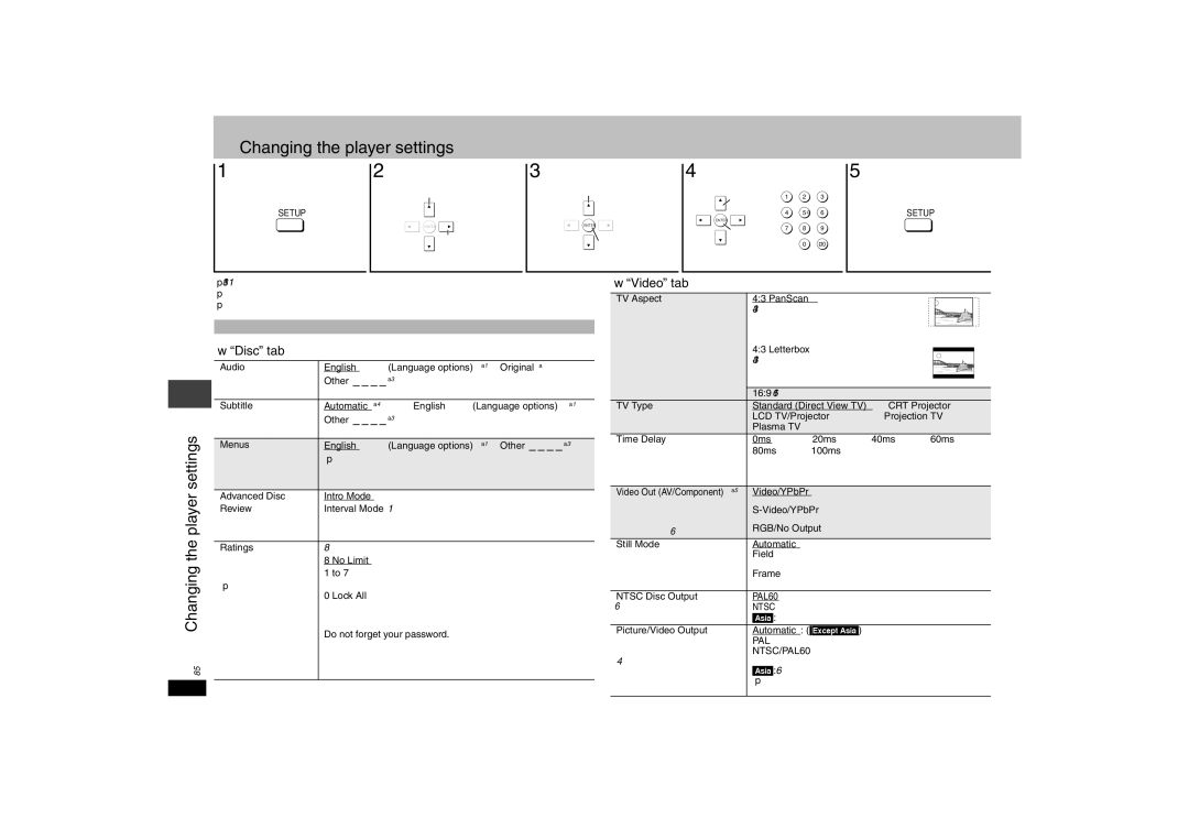 Panasonic DVD-S42 specifications Changing the player settings, Video tab, Disc tab, Pal 