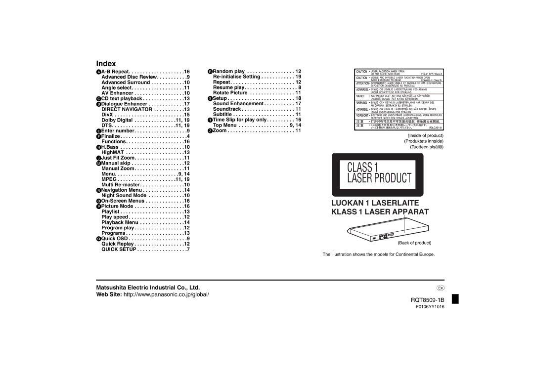 Panasonic DVD-S42 specifications Index, Inside of product Produktets innside Tuotteen sisällä, F0106YY1016 