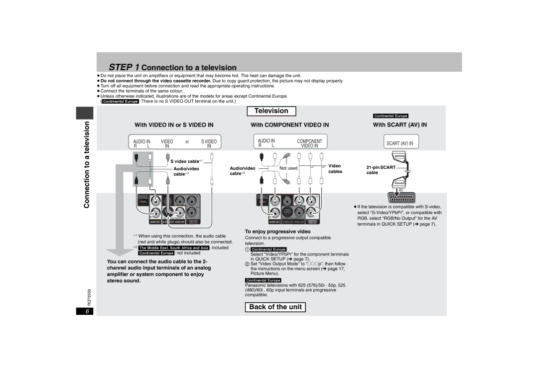 Panasonic DVD-S42 specifications Connection to a television, Television, To a, Back of the unit, With Scart AV 