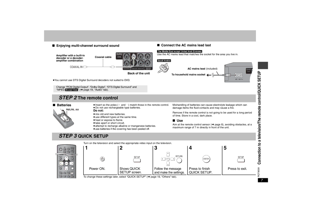 Panasonic DVD-S42 Remote control, Enjoying multi-channel surround sound, Connect the AC mains lead last, Batteries, Use 