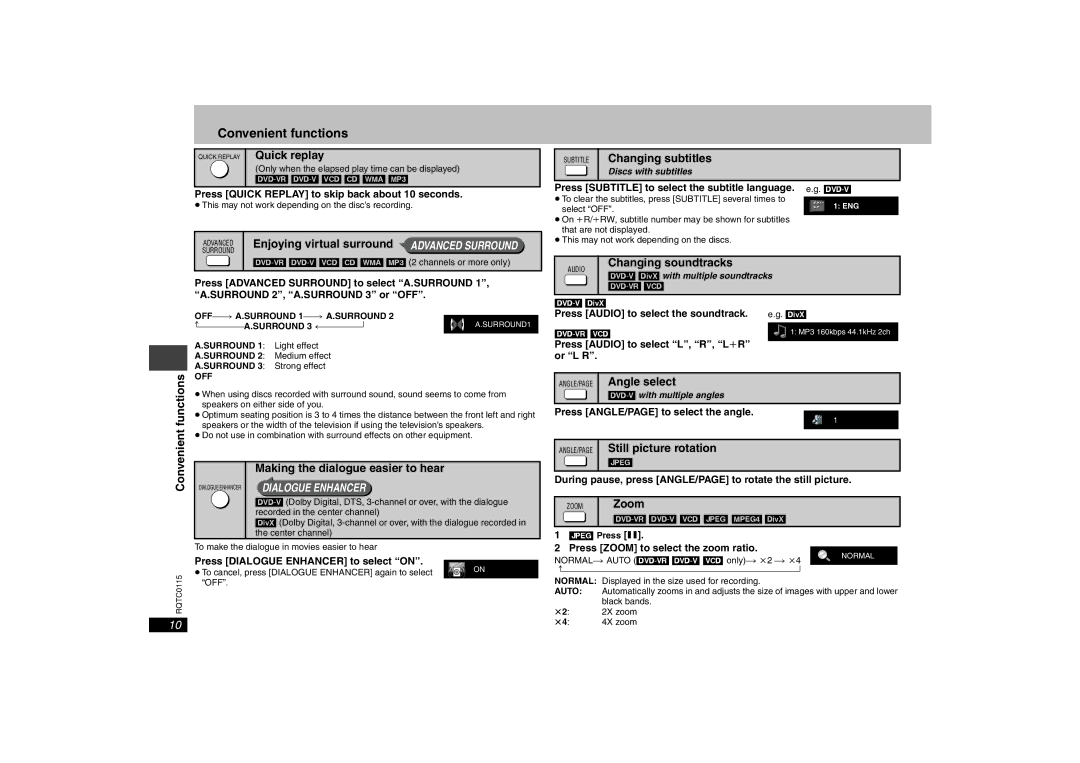 Panasonic DVD-S43 Subtitle Changing subtitles, Enjoying virtual surround Advanced Surround, Functions, Zoom 