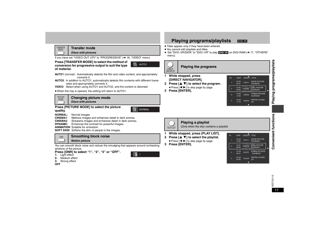 Panasonic DVD-S43 Playing programs/playlists DVD-VR, Transfer mode, Changing picture mode, Smoothing block noise 