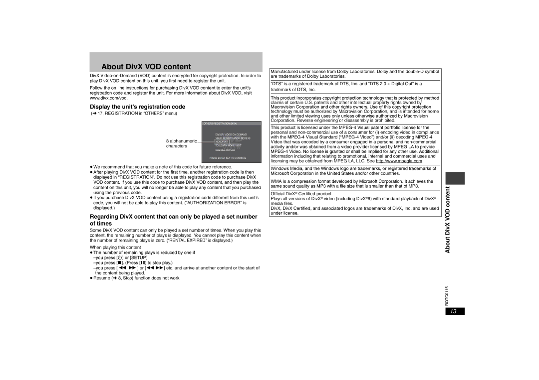 Panasonic DVD-S43 operating instructions About DivX VOD content, Display the unit’s registration code, Content 