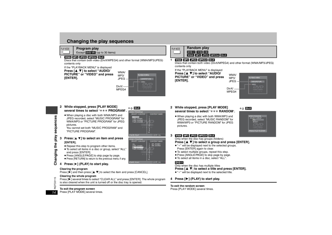 Panasonic DVD-S43 Changing the play sequences, Program play, Random play, Play sequences, RQTC0115 Changing 