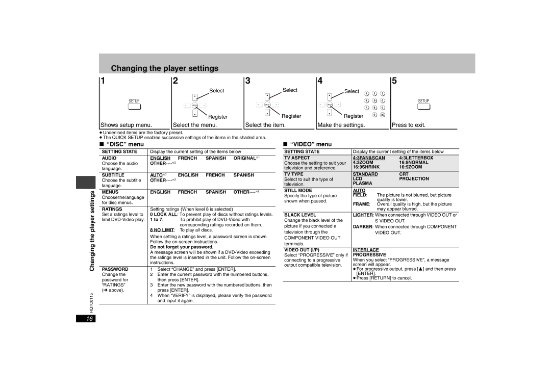 Panasonic DVD-S43 operating instructions RQTC0115Changing the player settings, Disc menu, Video menu 