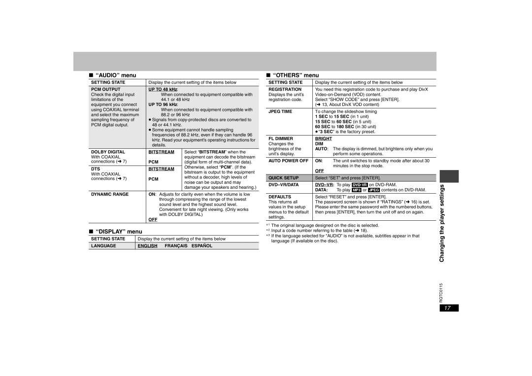 Panasonic DVD-S43 operating instructions Audio menu, Display menu, Others menu, Changing the player settings 