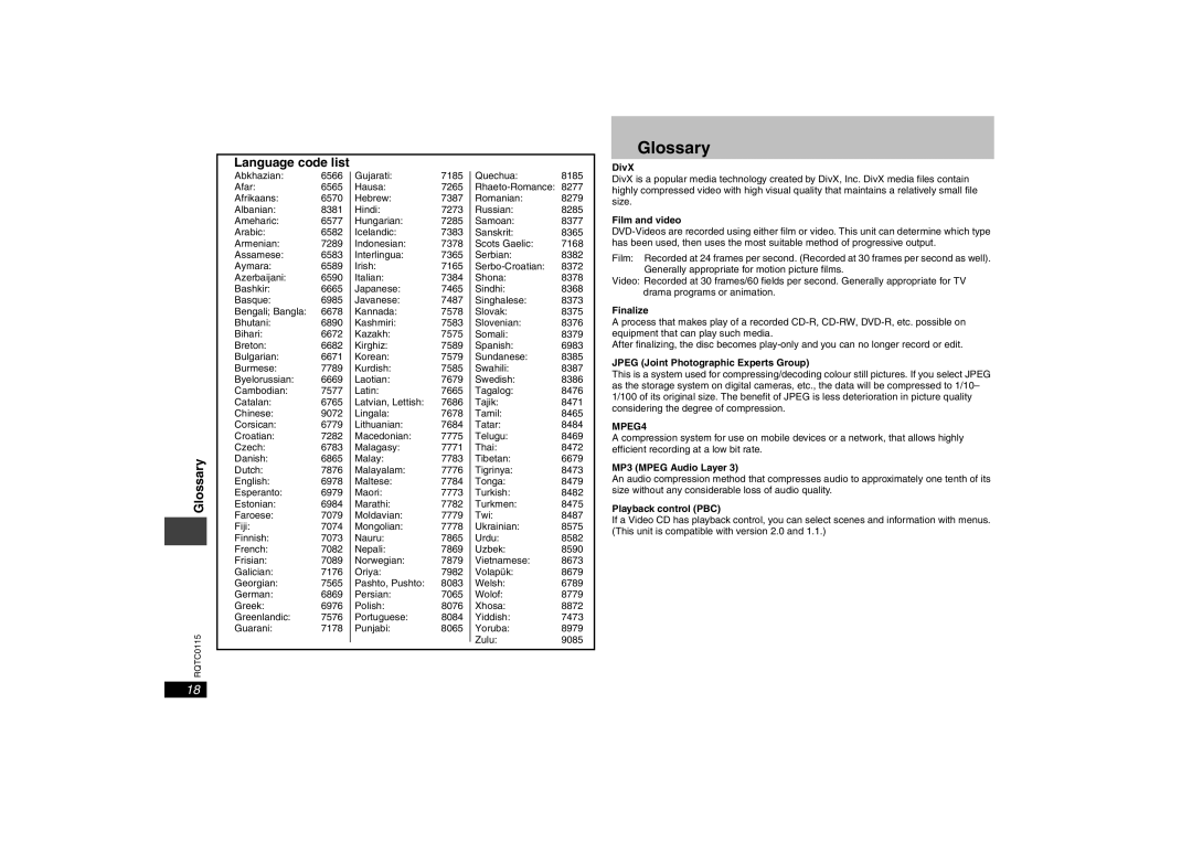 Panasonic DVD-S43 operating instructions Glossary, Language code list, MPEG4 