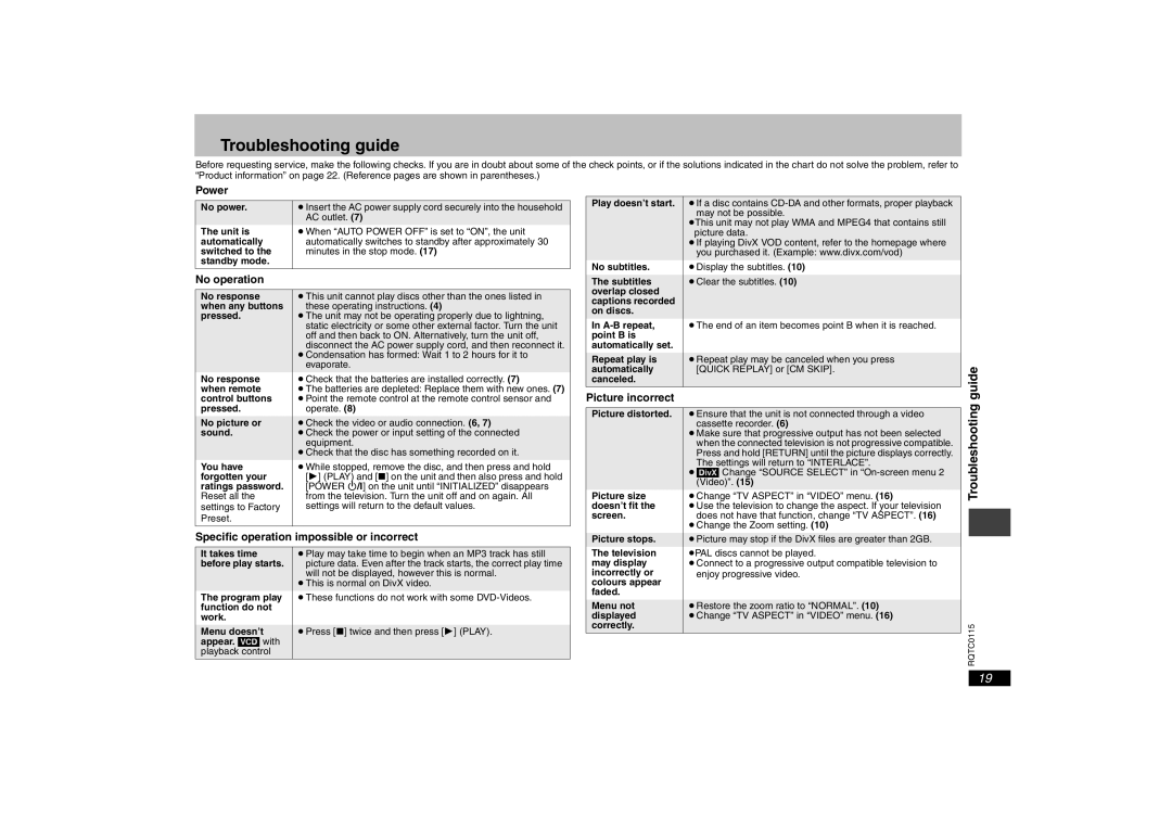 Panasonic DVD-S43 operating instructions Troubleshooting guide, Guide 