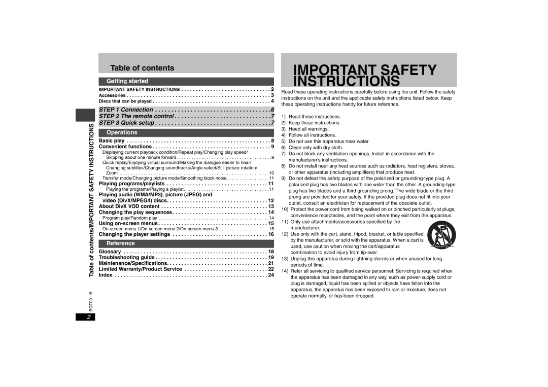 Panasonic DVD-S43 operating instructions Important Safety Instructions, Table of contents 