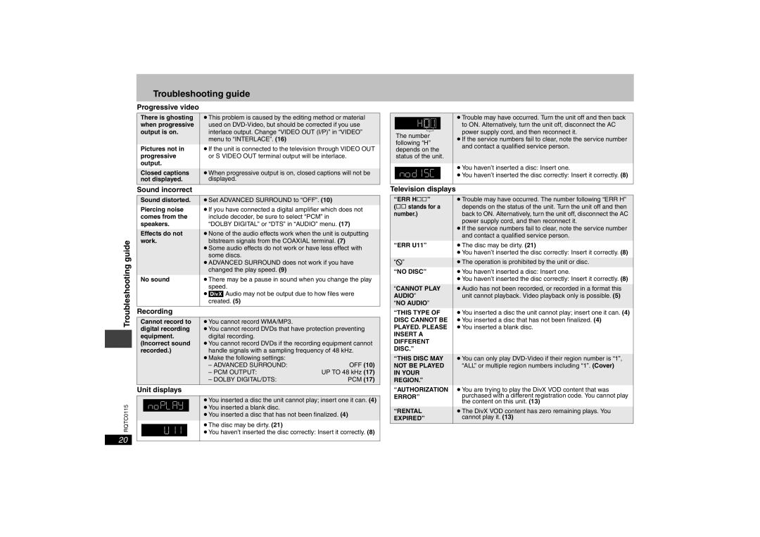 Panasonic DVD-S43 Troubleshooting guide, Progressive video, Sound incorrect Television displays, Recording, Unit displays 