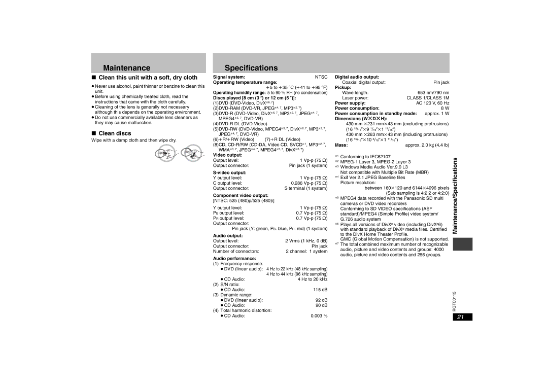 Panasonic DVD-S43 operating instructions Maintenance Specifications, Clean this unit with a soft, dry cloth, Clean discs 