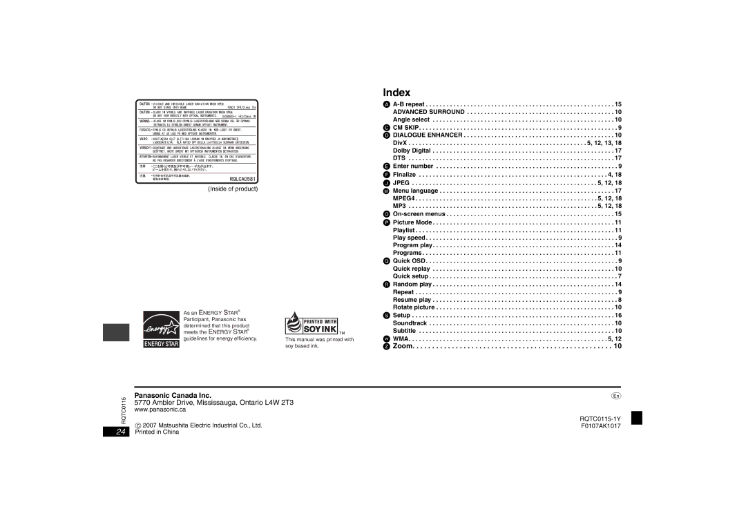 Panasonic DVD-S43 operating instructions Index, Panasonic Canada Inc, Inside of product, RQTC0115-1Y F0107AK1017 