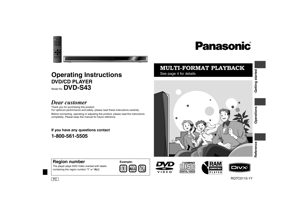 Panasonic DVD-S43 operating instructions Region number, If you have any questions contact, 1 ALL, Reference Operations 