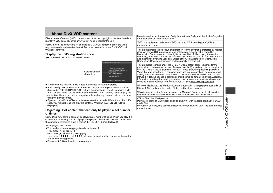 Panasonic DVD-S43 operating instructions About DivX VOD content, Display the unit’s registration code 