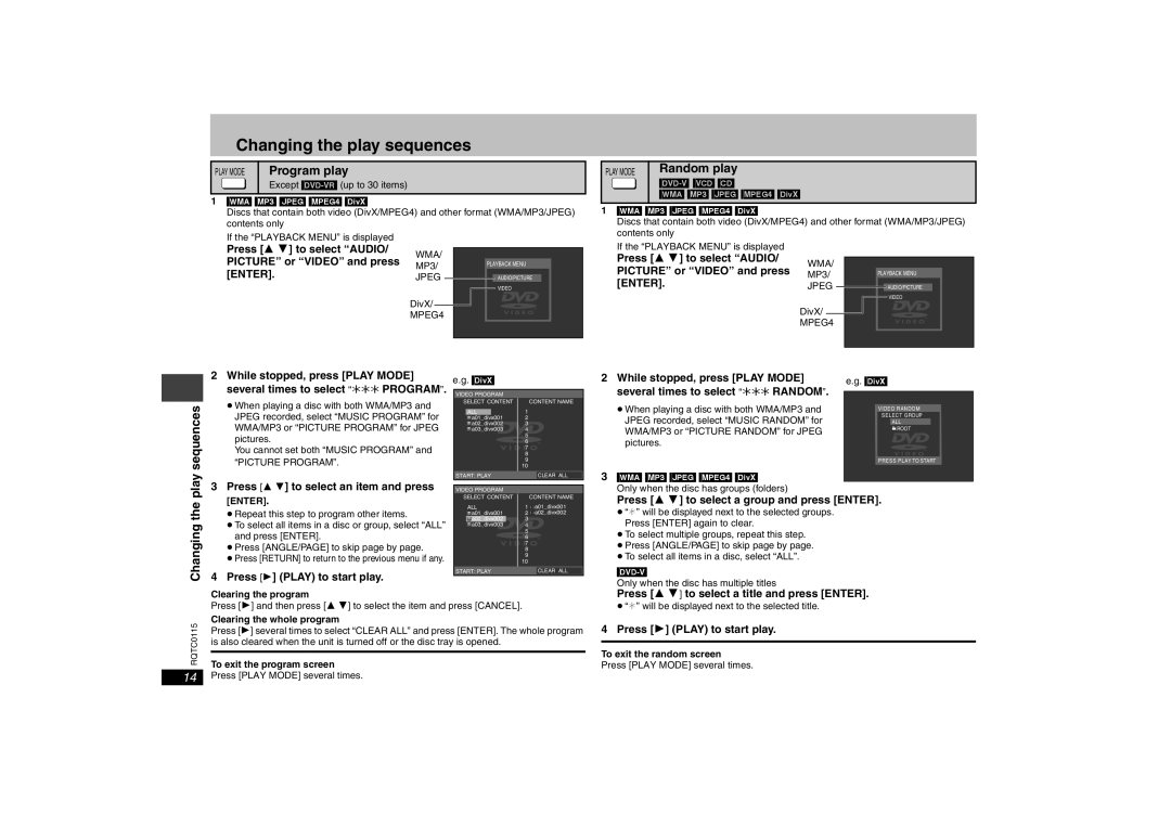 Panasonic DVD-S43 Changing the play sequences, Program play, Random play, RQTC0115 Changing the, Enter 