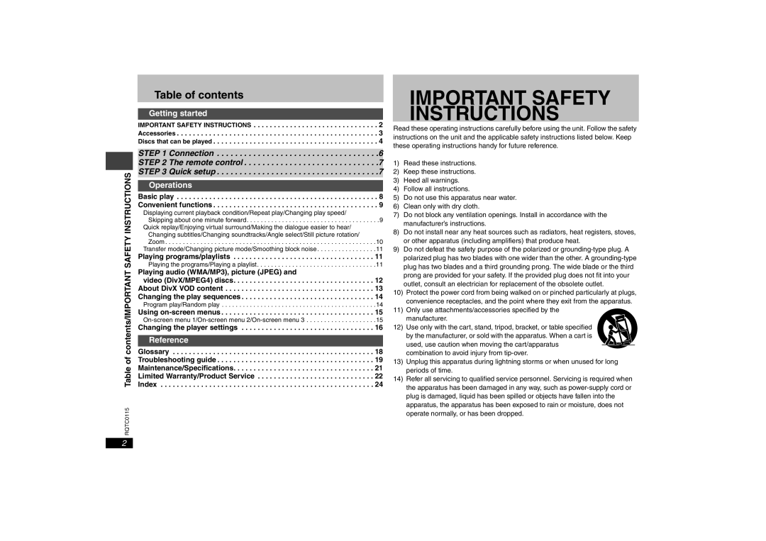 Panasonic DVD-S43 Table of contents, Getting started, Operations, Reference, Important Safety Instructions, Basic play 