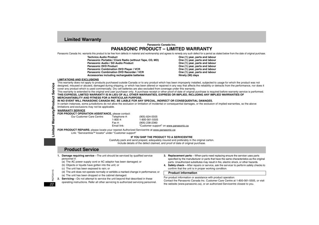Panasonic DVD-S43 Panasonic Product - Limited Warranty, Limited Warranty/Product Service, Product information 