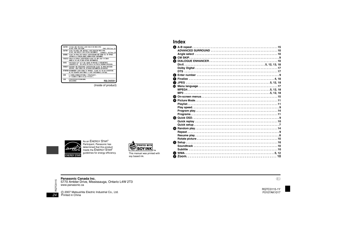 Panasonic DVD-S43 operating instructions Index, Panasonic Canada Inc, Ambler Drive, Mississauga, Ontario L4W 2T3 