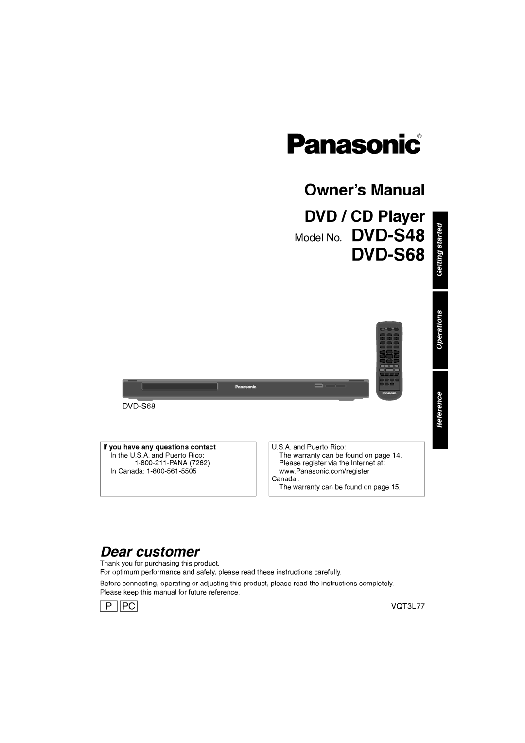 Panasonic DVD-S68, DVD-S48 owner manual Pana 7262 In Canada, A. and Puerto Rico Canada Warranty can be found on 