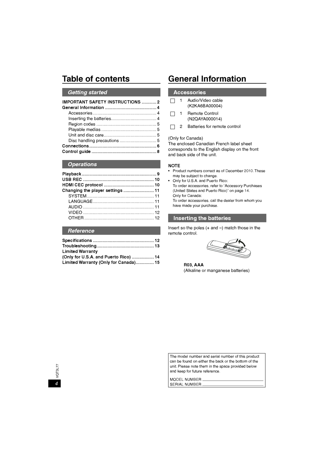 Panasonic DVD-S48, DVD-S68 owner manual Table of contents, General Information 