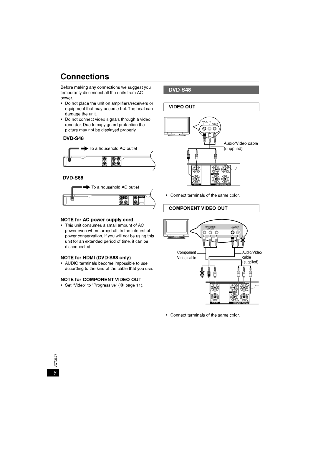 Panasonic DVD-S48, DVD-S68 owner manual Connections 