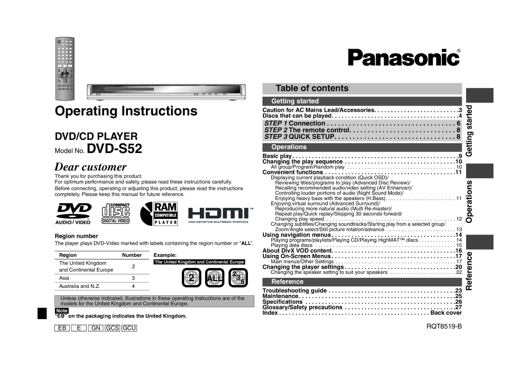 Panasonic DVD-S52 specifications Operating Instructions, Table of contents 