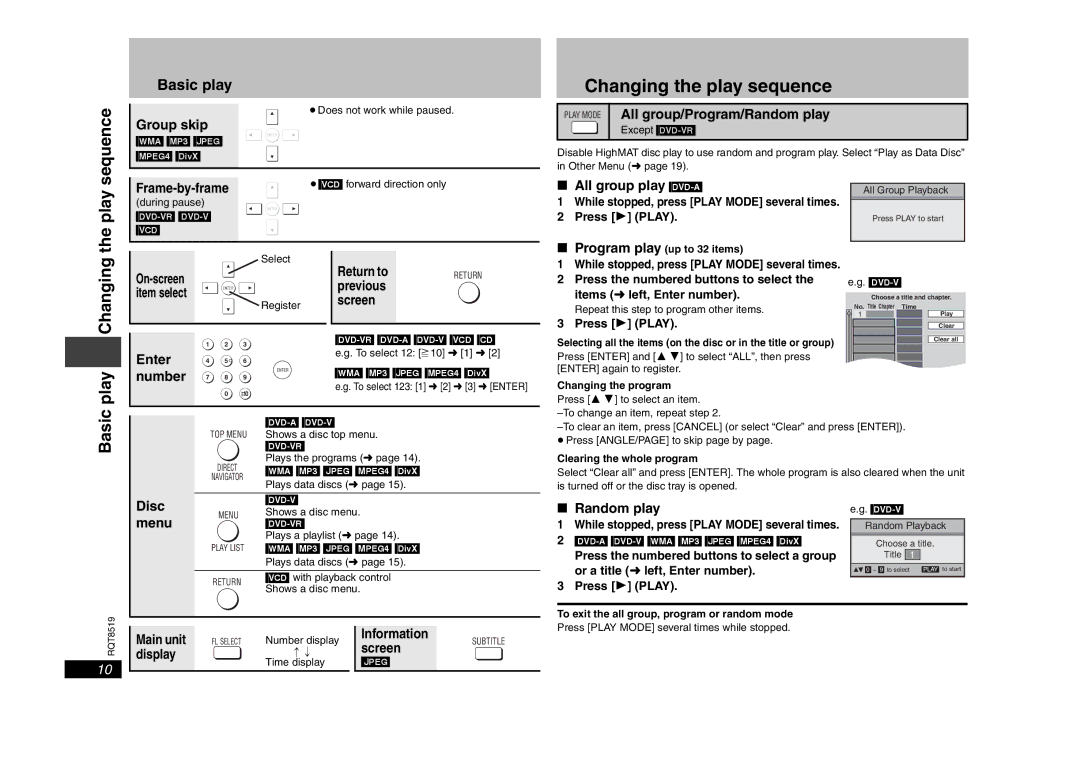 Panasonic DVD-S52 specifications Basic play Changing the play sequence 